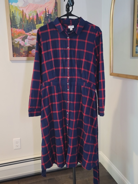 J. Crew Dresses & Skirts - EUC J CREW Cotton Flannel Shirt Dress Navy Blue Red Plaid Preppy Women's Size 12